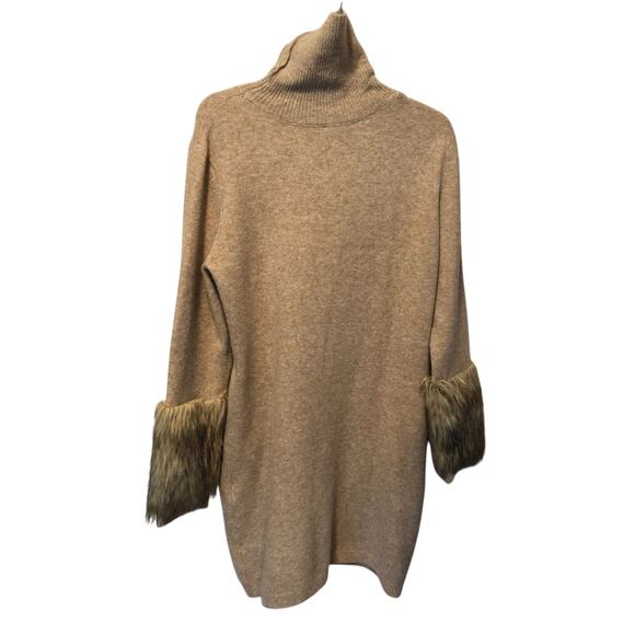 Boston Proper Tan Knit Pullover Turtleneck Dress with faux fur sleeve ends Sz L - Picture 3 of 9